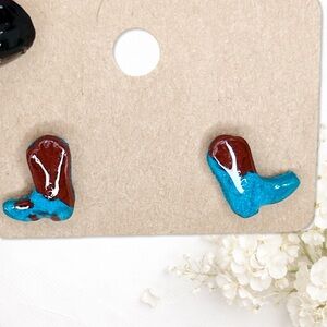 6392. Teal Cowboy Boot Earring Handmade